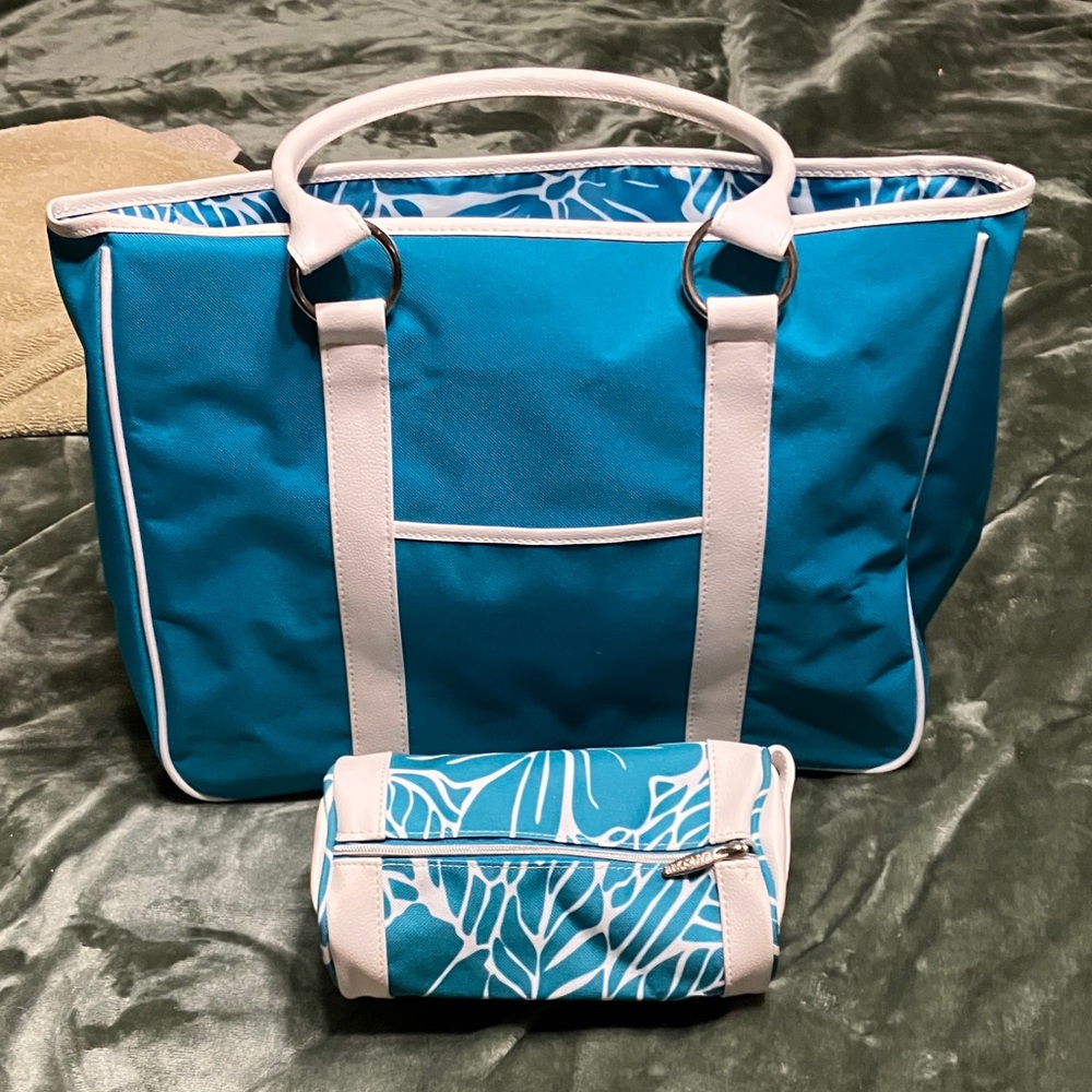 Vintage 90s Lancome teal blue and White Tote Bag matching cosmetic bag set